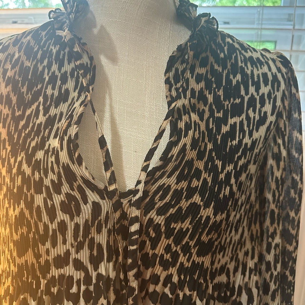 Ganni Leopard Print Pleated Georgette Long Sleeve Minidress - Picture 4 of 6